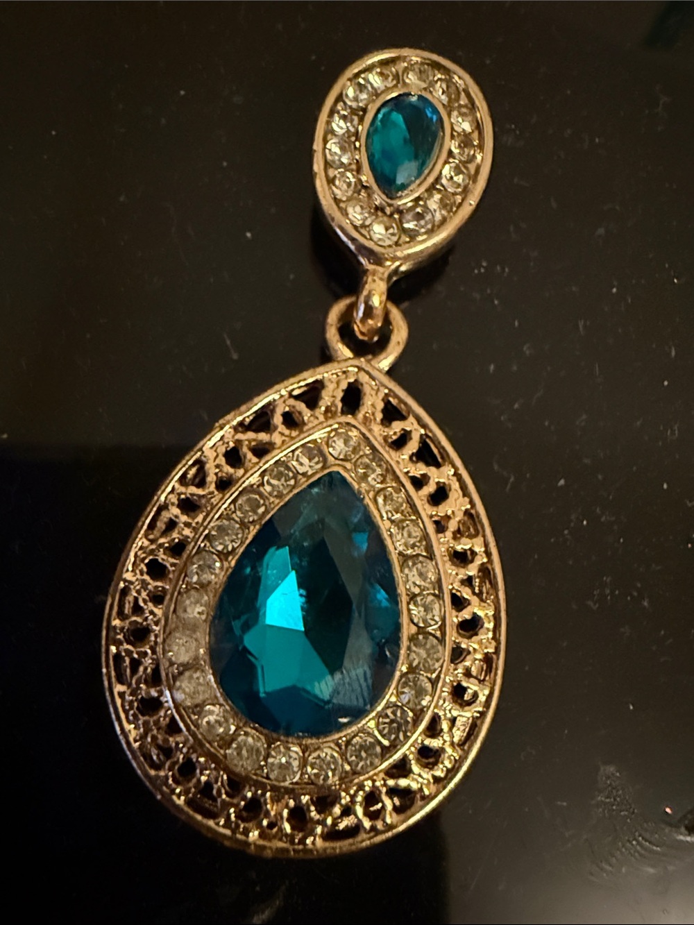 Gold-Tone Teardrop Pendant Necklace with Teal Crystal